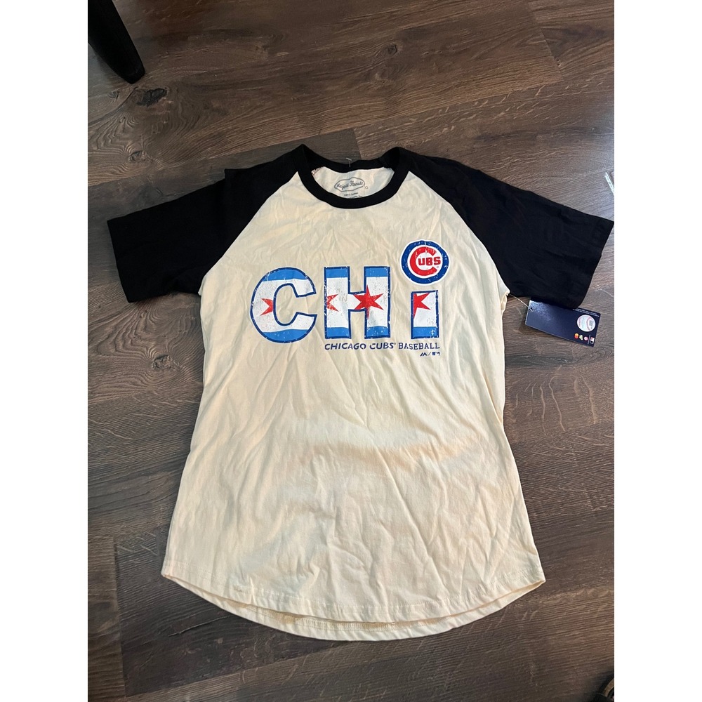 Majestic Threads Chicago Cubs MLB Raglan T-Shirt Womens S CHI Flag Cream Black